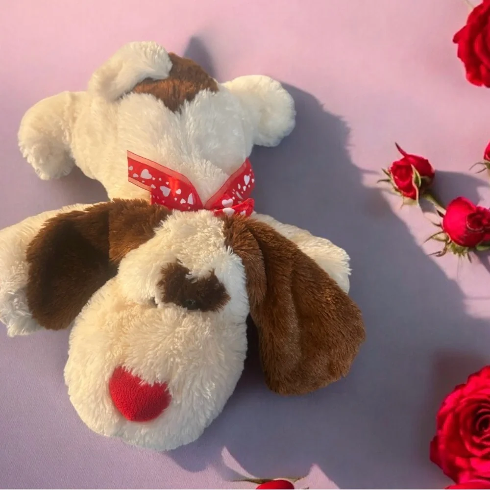 Atico Valentine Puppy Laying 23” Dog Plush Stuffed Animal Brown Cream Heart Bow